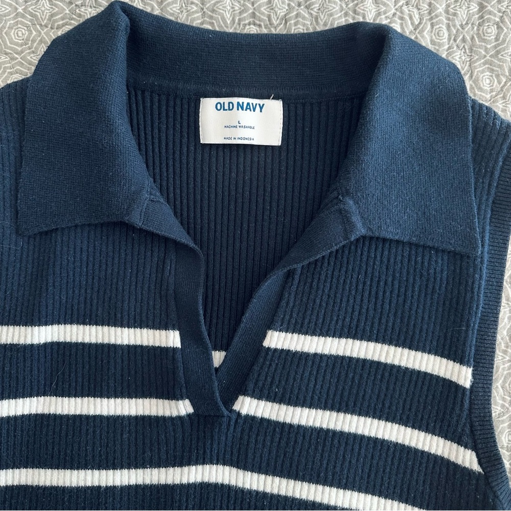 Old Navy Sleeveless Rib-Knit Striped Cropped Polo Collared Top Navy White Size L - Picture 6 of 12